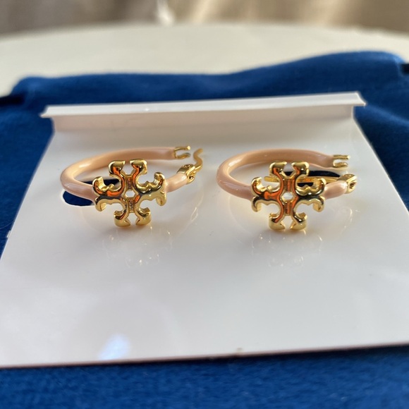 Tory Burch Jewelry - Tori Burch Light Peach enamel Gold  signature Hoops